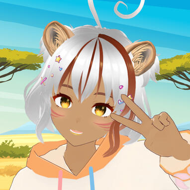 Human-lion hybrid VTuber, Little Lion, holding up the peace sign in front of a Savanna landscape.